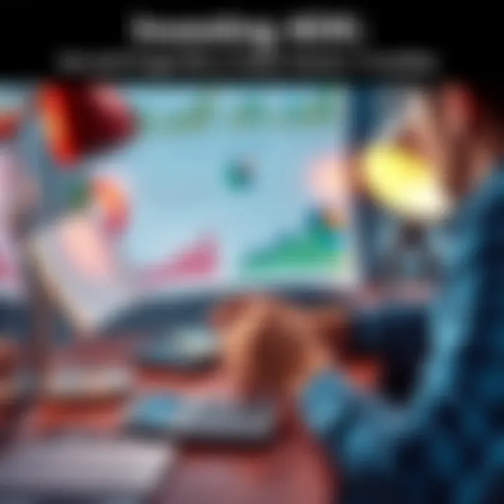 A person sitting at a desk looking at financial charts and graphs on a laptop, contemplating investment options, with a calculator nearby.