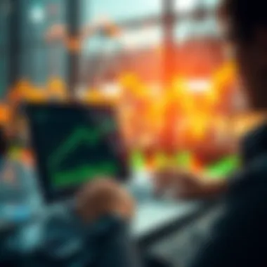 A person analyzing stock charts on a laptop with a rising market trend in the background, reflecting on investment strategies.