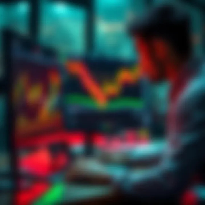 A person analyzing stock market trends on a computer, showing green and red graphs indicating market fluctuations.