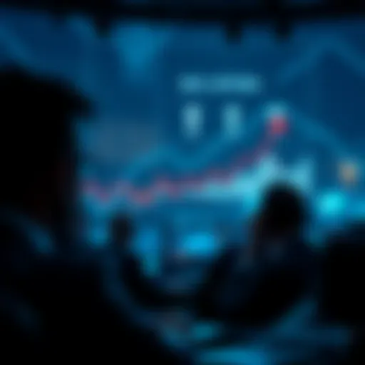 A graph showing a market dip with arrows indicating buying points, surrounded by worried investors looking at screens.