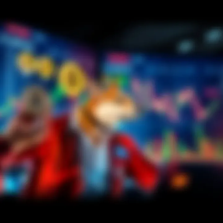 A person analyzing charts and graphs with DOGE cryptocurrency symbols on screen