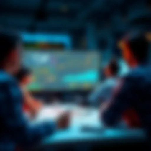 A group of people discussing investment plans for a DeFi project with charts and graphs on a screen.