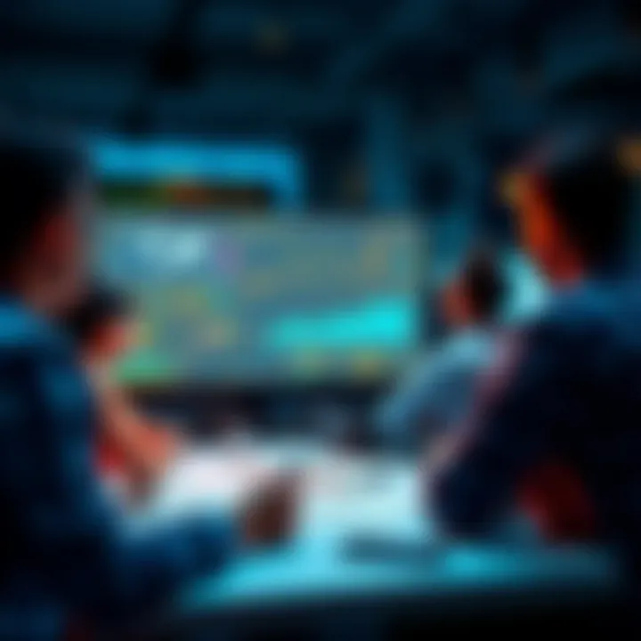 A group of people discussing investment plans for a DeFi project with charts and graphs on a screen.