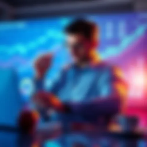 A person analyzing investment trends on a laptop with charts and graphs in the background, representing Dollar Cost Averaging strategy.