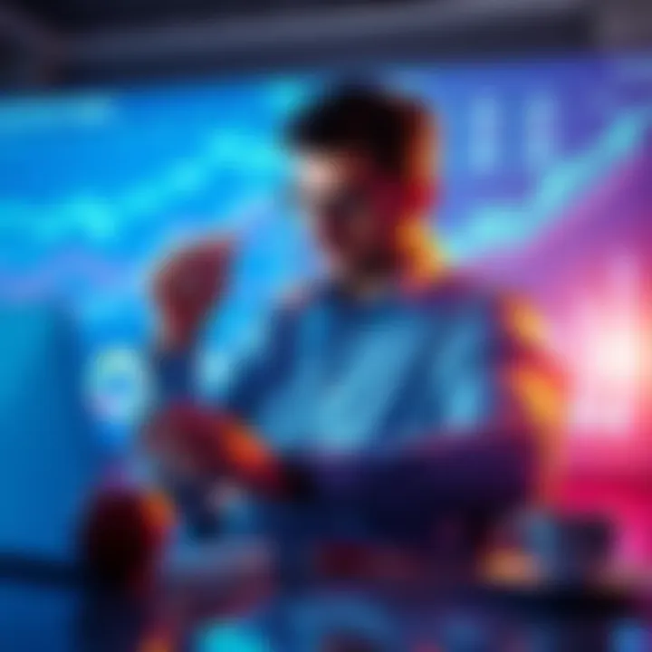 A person analyzing investment trends on a laptop with charts and graphs in the background, representing Dollar Cost Averaging strategy.