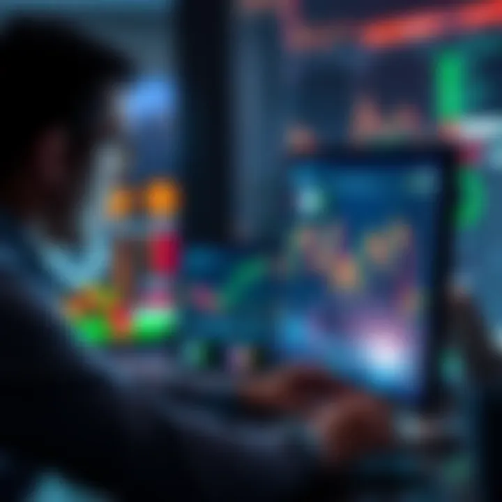 Investment Strategy Concept A person analyzing stock market trends on a computer, considering strategies to sell high and buy low.