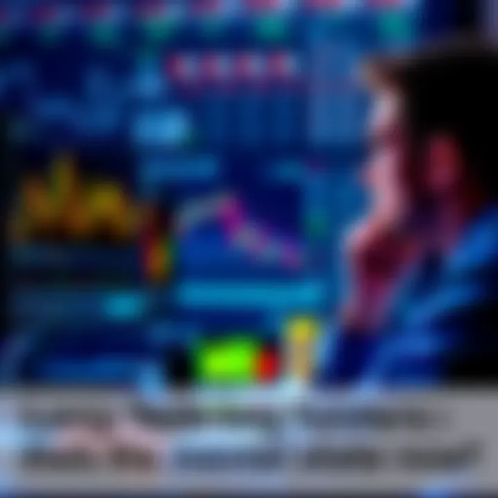 A thoughtful individual looks at financial charts on a computer, considering investment options between cryptocurrency and stocks.