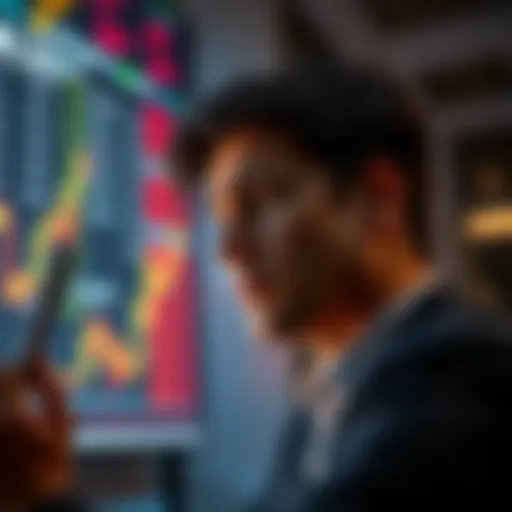 Individual looking at stock charts with a worried expression, considering whether to hold or sell their Solana investment after a 45% loss.