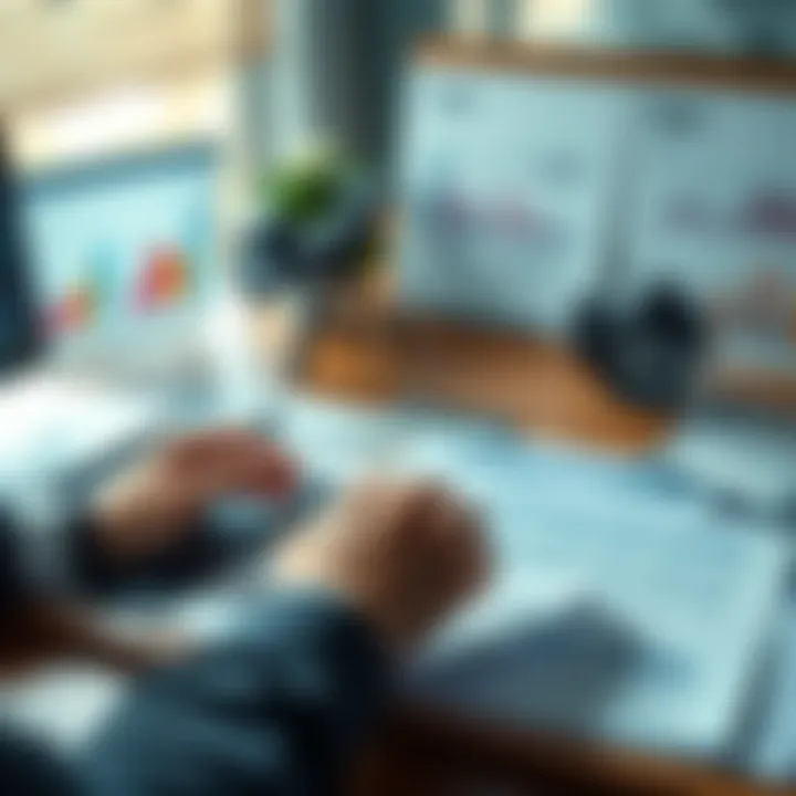 A person analyzing investment options with charts and a tax form on a desk