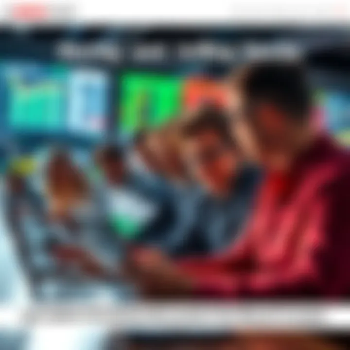 Group of people discussing investment strategies while looking at stock market graphs on laptops