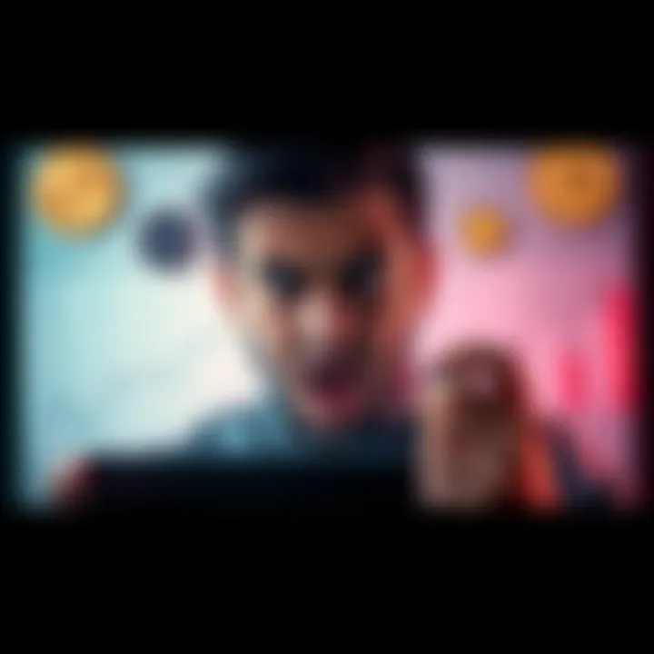 A person analyzing charts and graphs with expressions of fear and greed on their face, surrounded by investment symbols like coins and stocks.