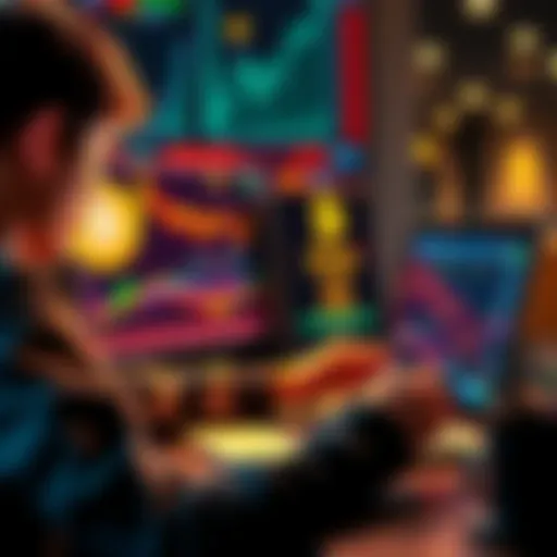 A young person reviewing investment options on a laptop, with Bitcoin and stock market graphs displayed on the screen