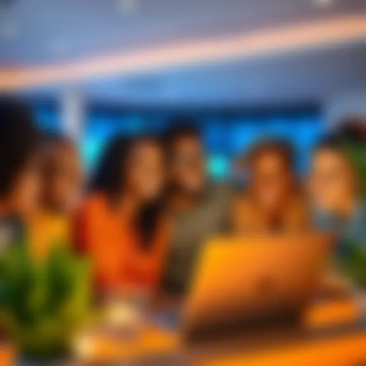 A diverse group of people smiling while looking at their increasing investment returns on a laptop screen, symbolizing community wealth building.