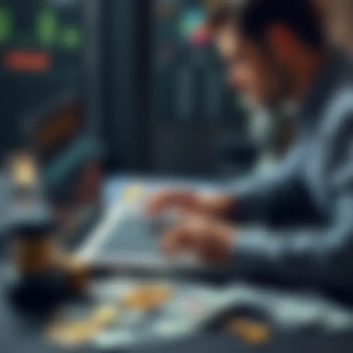 A person analyzing financial charts and graphs on a laptop with dollar bills and coins nearby, symbolizing investment opportunities.