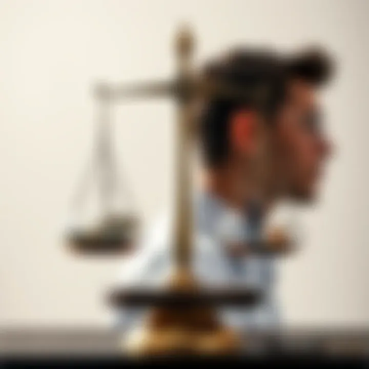 Investment Loss vs. Work Life A person weighing the pros and cons of losing money on investments compared to the stress of holding multiple jobs, with a scale balancing money and work-related items.