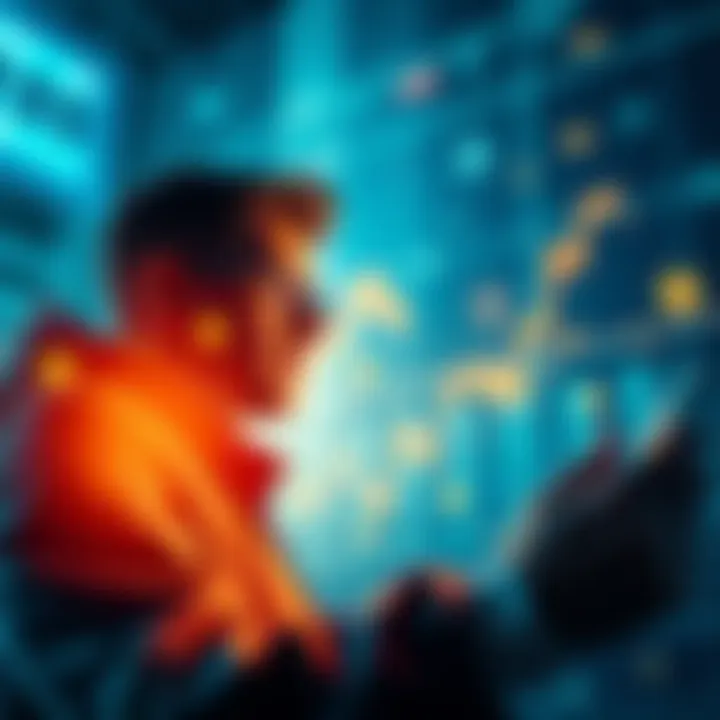 A person looking at a stock market chart with a hopeful expression, surrounded by symbols of growth and wealth.