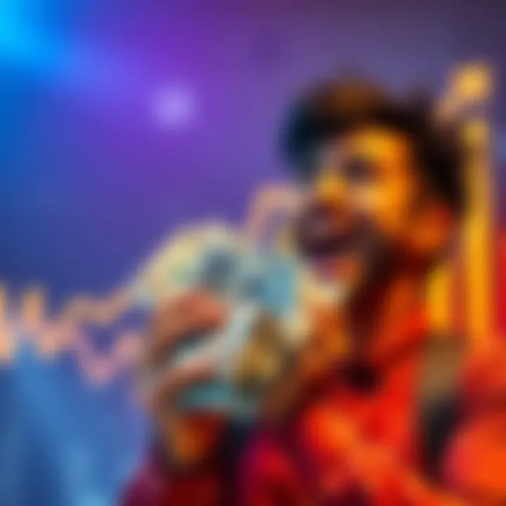 A person holding a stack of cash looking excited about investment possibilities, with a graph showing upward trends in the background.