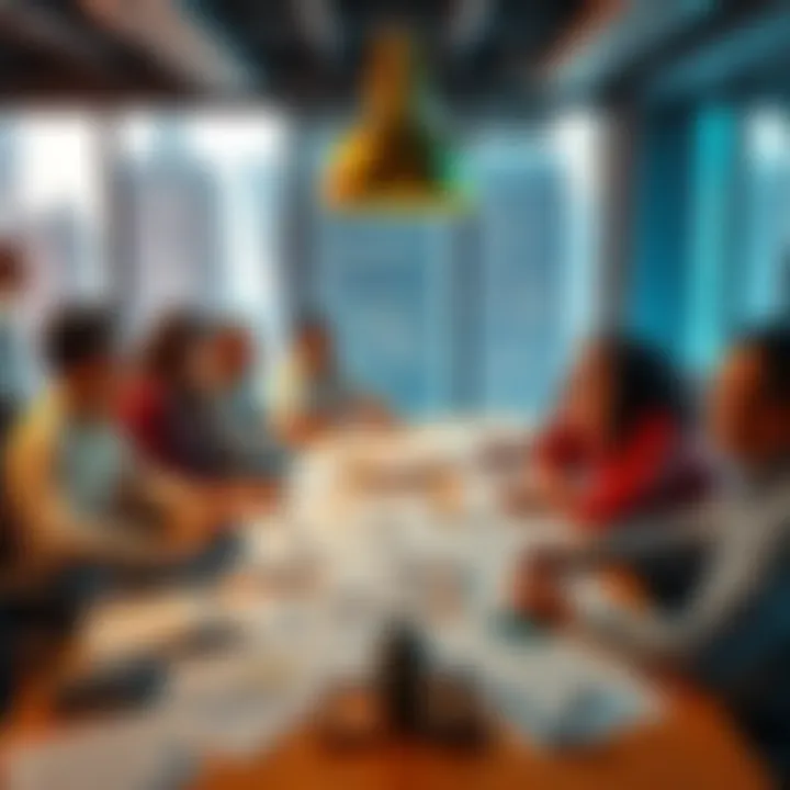 A diverse group of people discussing investment options at a table filled with financial reports and investment articles