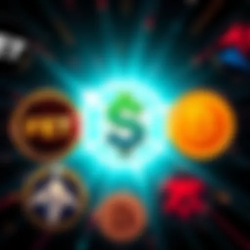 A graphic showing different cryptocurrency logos including FET, ONDO, SUI, RNDR, and ARB with a dollar sign in the center, symbolizing investment opportunities.