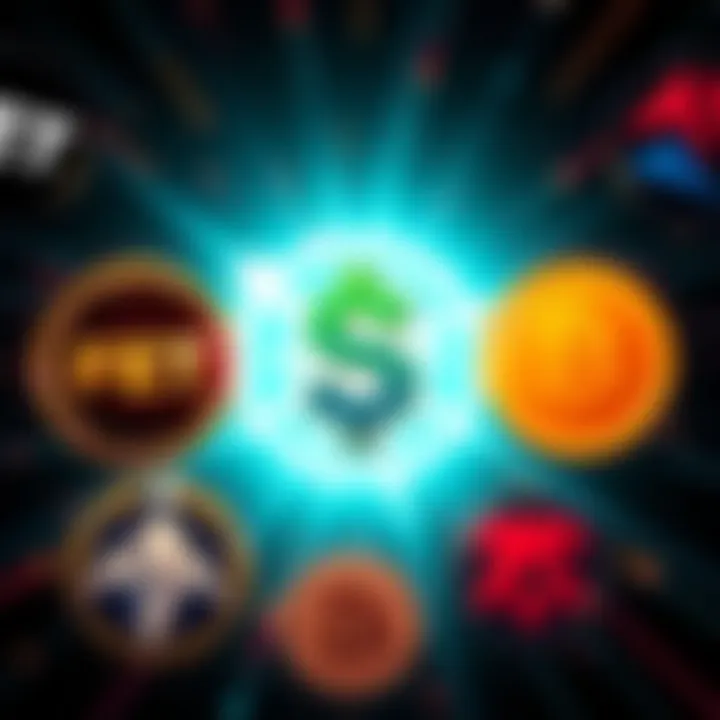 A graphic showing different cryptocurrency logos including FET, ONDO, SUI, RNDR, and ARB with a dollar sign in the center, symbolizing investment opportunities.