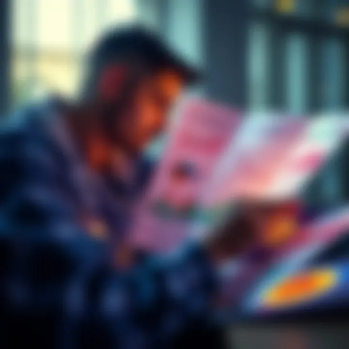 A person analyzing various investment brochures and charts related to Bitcoin, stocks, and ETFs for retirement planning