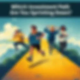 Illustration showing four different investment strategies: a runner on a golden path, a person with a sad expression holding a falling stock chart, someone holding precious metals, and another person ...