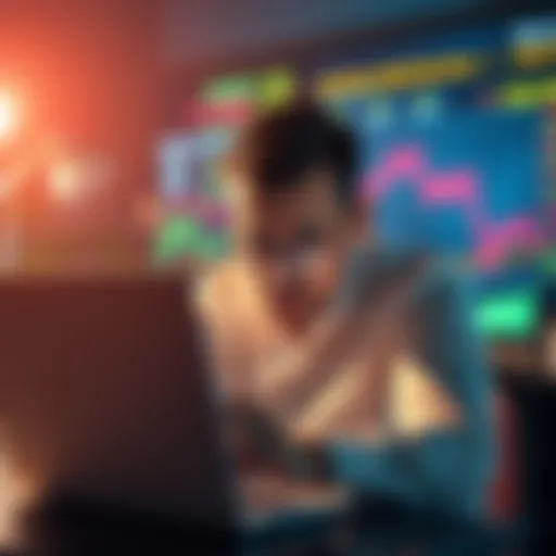 A person looking worried while checking stock charts on a laptop, with a graph showing declining results in the background.