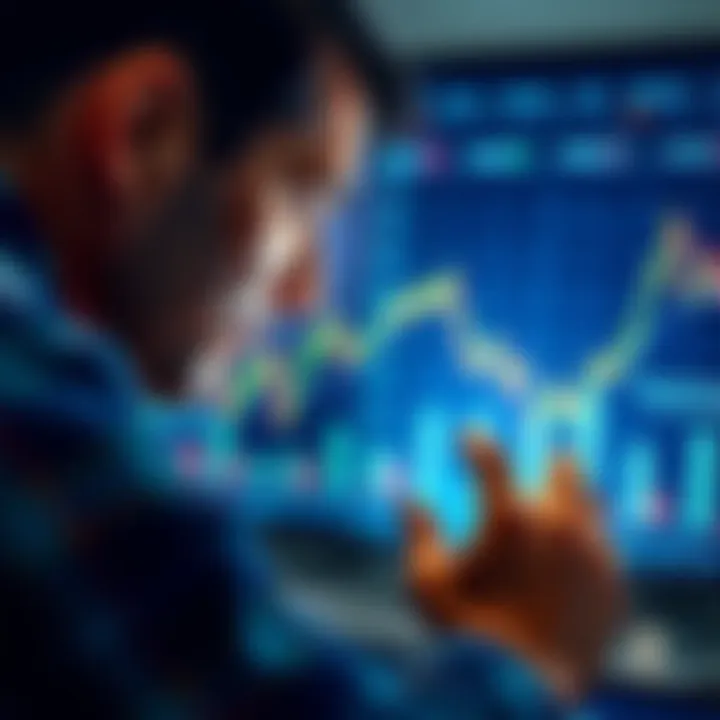 A split image showing a person studying a chart with rising and falling lines, representing buying at the top versus buying the dip in investments.