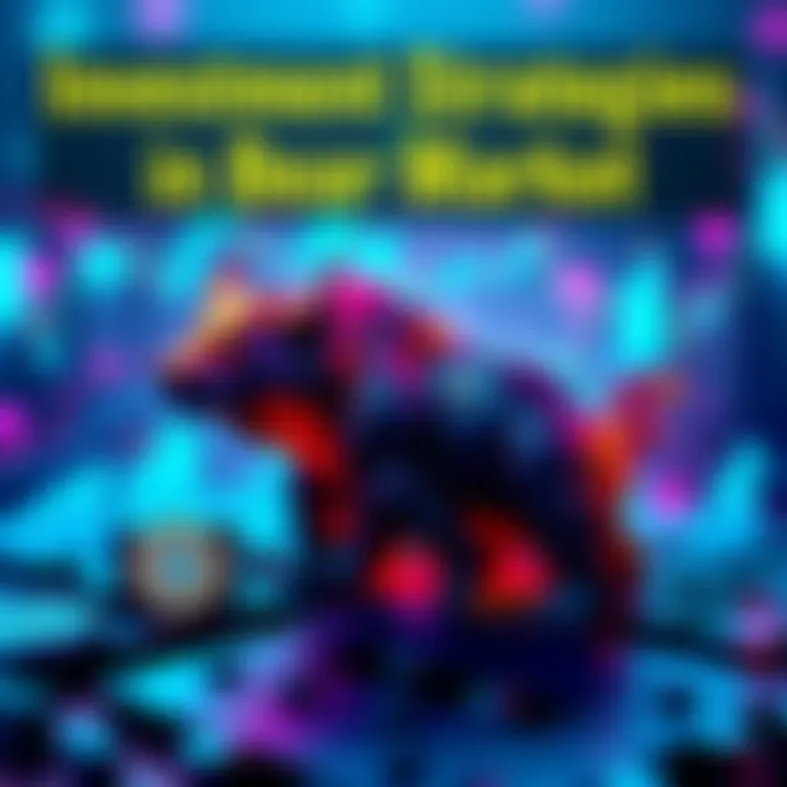 A visual representation of different investment strategies during a bear market, showing a bull and bear symbol, cryptocurrencies, and charts indicating growth despite market downturns.