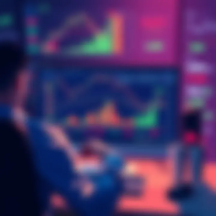 A person analyzing market trends on a computer while surrounded by financial charts and graphs, representing investment strategies