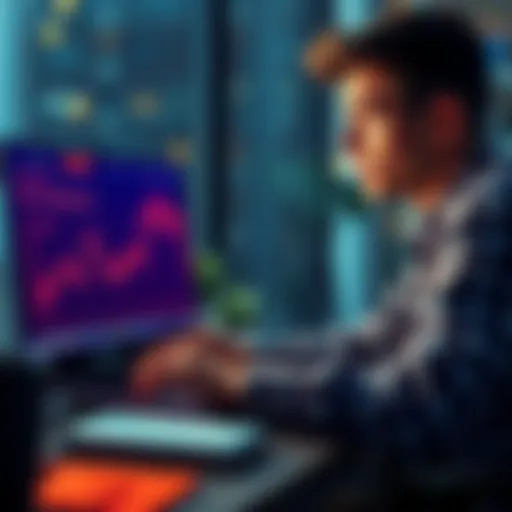 A person looking worried while checking cryptocurrency prices on a laptop, with a red downward trend graph on the screen.