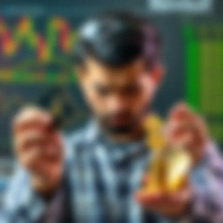 Person holding stock and gold investment symbols with a worried expression