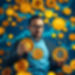 A dedicated investor surrounded by Bitcoin symbols and charts, showing enthusiasm for cryptocurrency investment