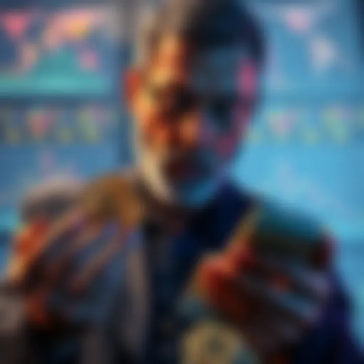 A seasoned investor examines Solana options while holding Bitcoin, surrounded by charts and cash reserves.