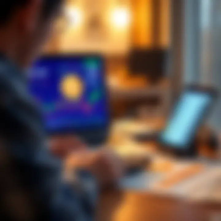 A person looking at a laptop screen showing Bitcoin prices, with a calculator and loan documents on the table.