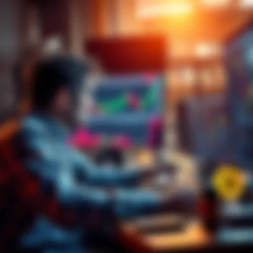 An investor sitting at a desk, analyzing cryptocurrency mining data on a laptop, with charts and graphs displayed on the screen, showing market trends. The atmosphere reflects determination and focus.