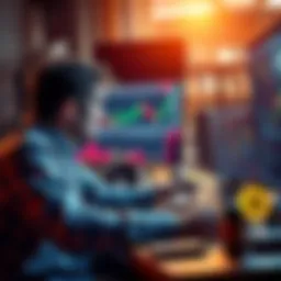 Investor contemplating mining investment An investor sitting at a desk, analyzing cryptocurrency mining data on a laptop, with charts and graphs displayed on the screen, showing market trends. The atmosphere reflects determination and focus.