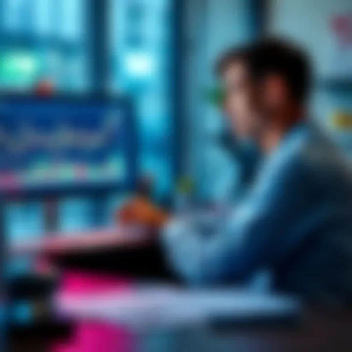 A calm investor sitting at a desk, looking at market graphs on a computer screen with a focused expression, surrounded by financial documents.