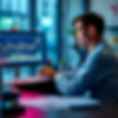 Investor Reflecting Calmly A calm investor sitting at a desk, looking at market graphs on a computer screen with a focused expression, surrounded by financial documents.