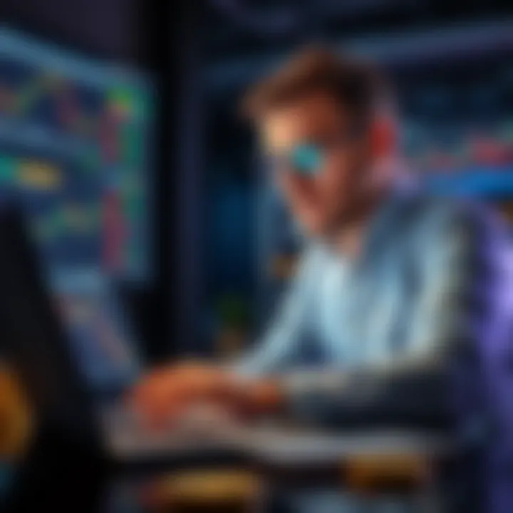 A financial investor examining cryptocurrency charts and data on a laptop, considering allocation strategies for a diverse portfolio.