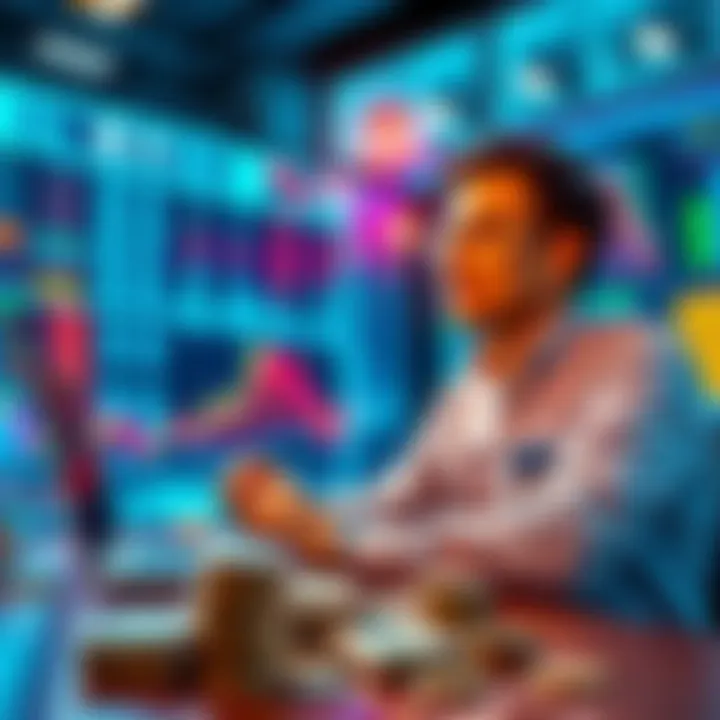 Investor watching market prices A person analyzing stock market charts with cash reserves on the table, representing strategic investment planning