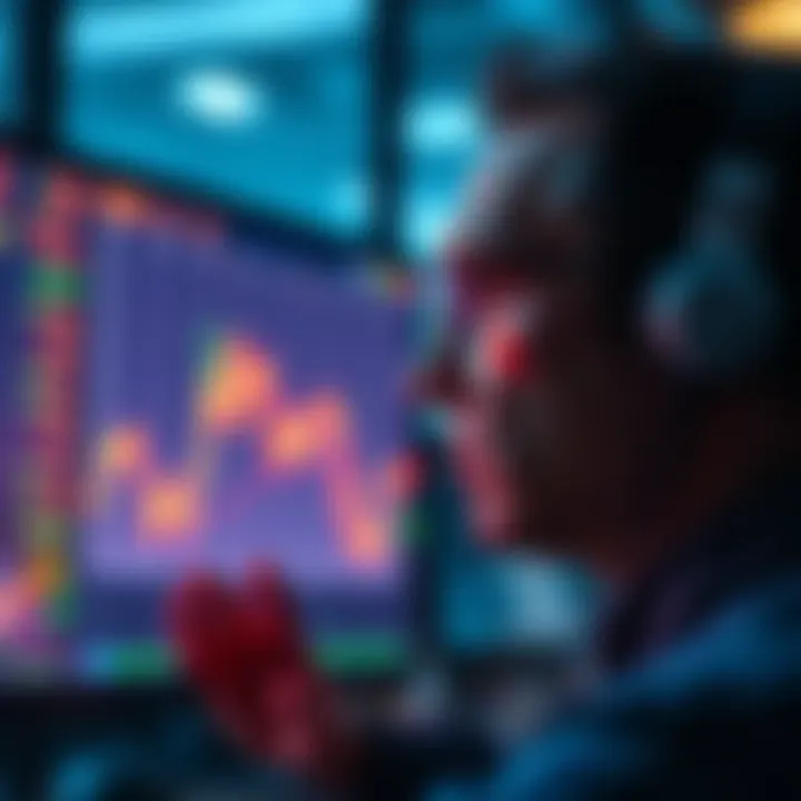 A concerned investor gazes at falling stock prices on a computer screen, showing signs of emotional struggle.