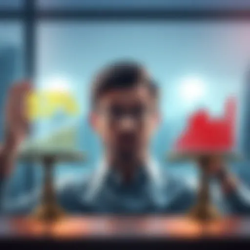 An investor looking at a graph showing a 57% loss on one side while another graph shows profits from an LP portfolio on the other side, symbolizing the struggle between holding a losing position and g...