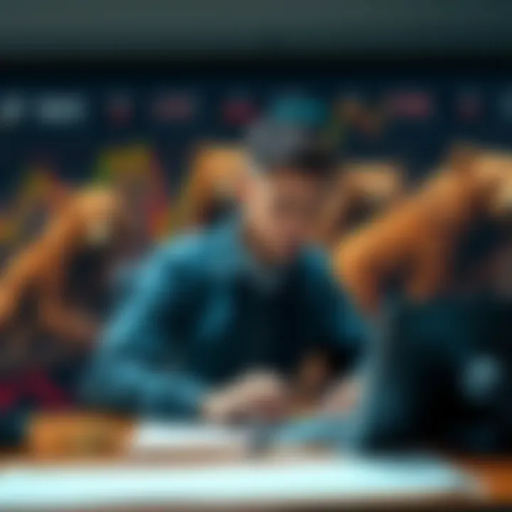 Investor with a Bear Market Strategy A focused investor analyzing cryptocurrency charts while surrounded by bear imagery, symbolizing patience and strategy in bear markets, with a laptop and charts on the table.