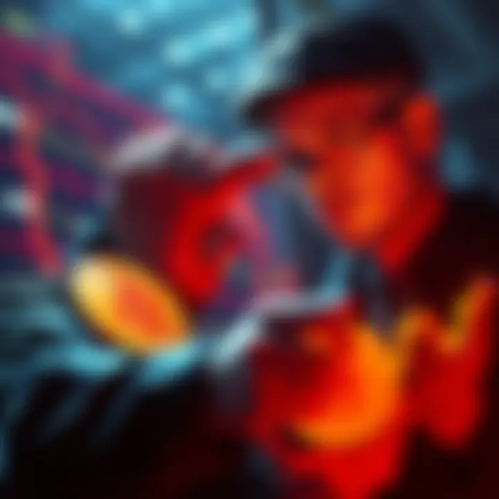 An investor examining a Bitcoin chart with a confident expression, symbolizing a $5 million long position.