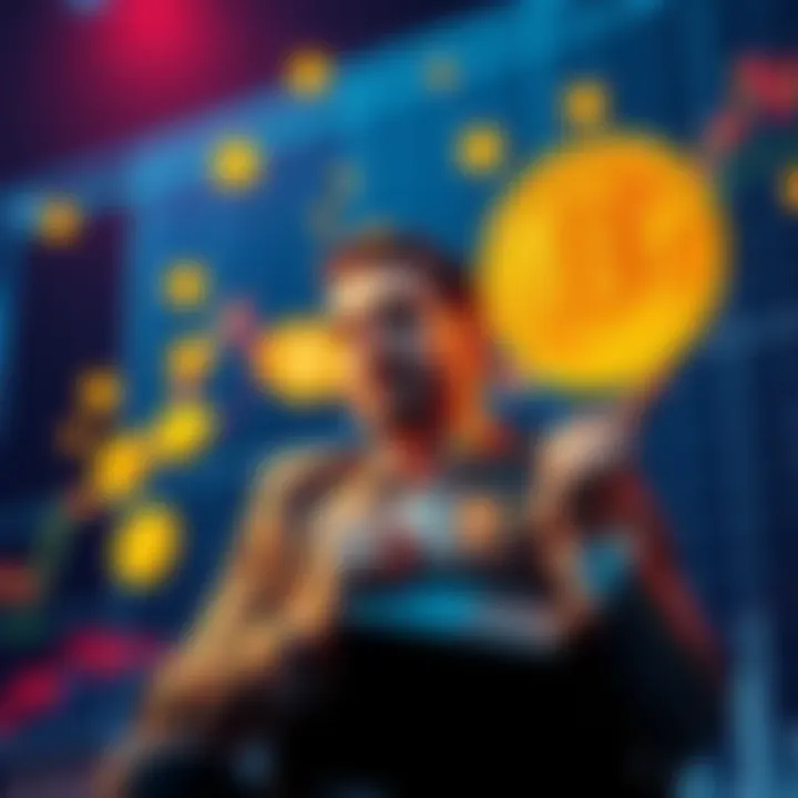 An investor confidently investing in Bitcoin, surrounded by Bitcoin symbols and a graph showing positive trends, while traditional index fund graphs fade in the background.