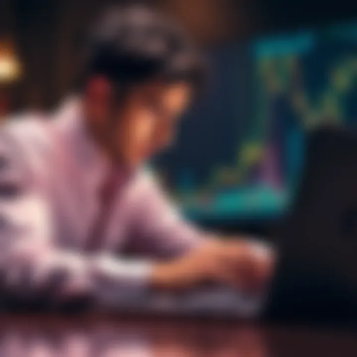 Investor Frustration Over Bitcoin Loss A worried investor looking at a declining Bitcoin chart on a laptop, showing signs of frustration after losing money in the market.
