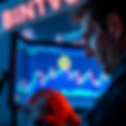 A worried investor looking at a screen showing a dropping Bitcoin price chart, reflecting anxiety and concern.