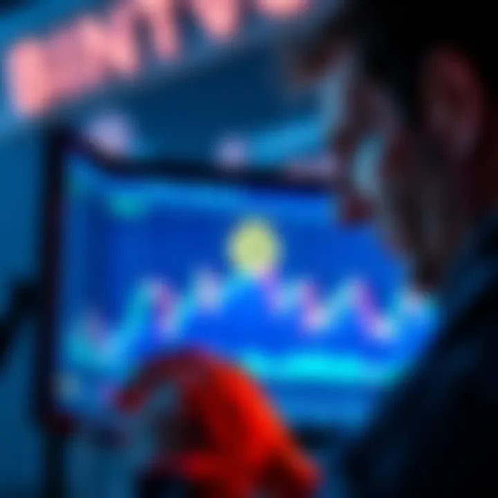 A worried investor looking at a screen showing a dropping Bitcoin price chart, reflecting anxiety and concern.