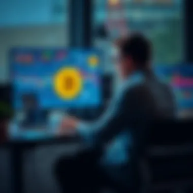 A person sitting at a desk with a laptop, pondering over Bitcoin investments and strategies, with charts and graphs visible on the screen.